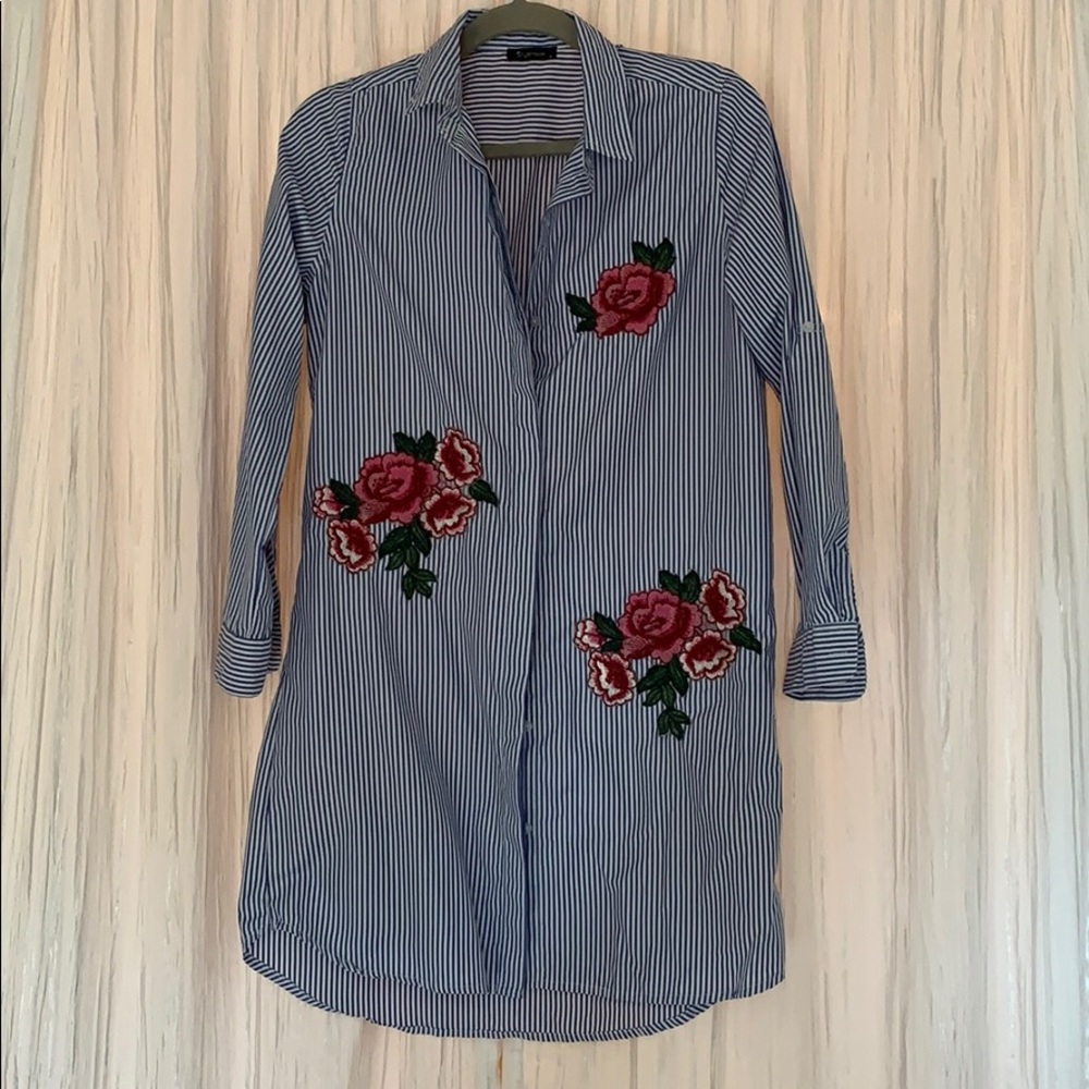 Pinstripe buttons up with floral patch dress
